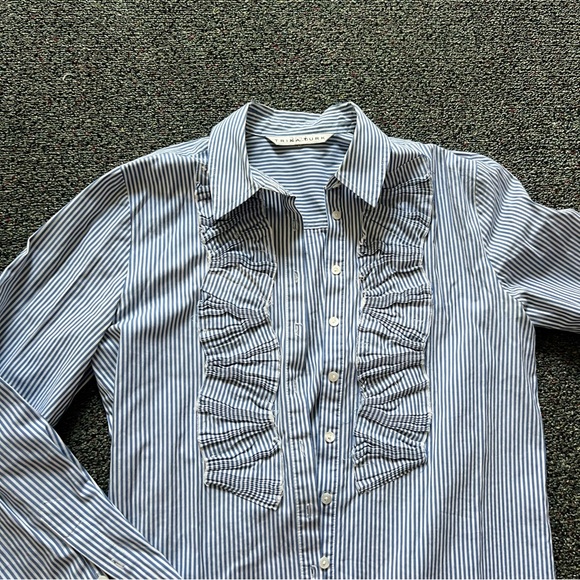 TRINA TURK Blue & White Striped Seersucker Button Down Top Shirt Ruffle Detail S - Picture 10 of 16